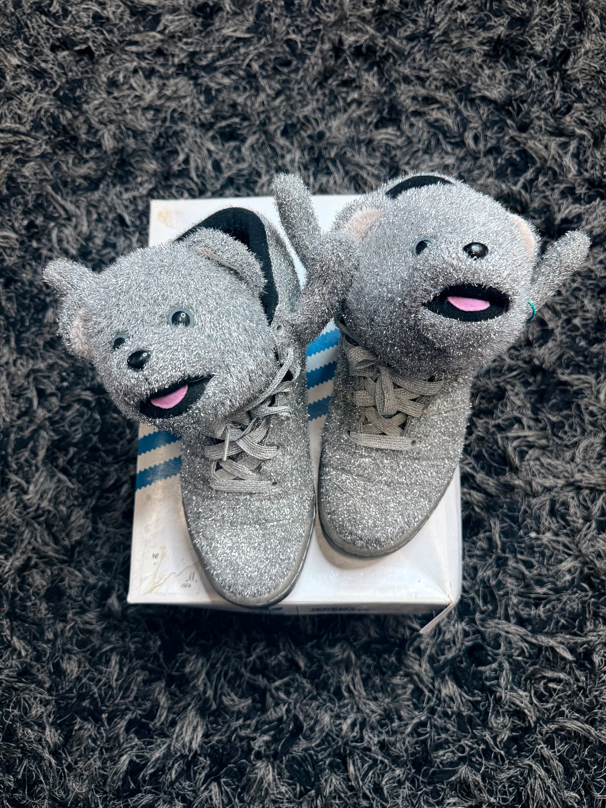 Sz(8) Adidas x Jeremy Scott silver tinsel teddy bear